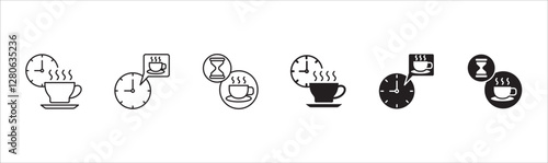 Coffee break icon set. Coffee cup icon collection. Icon set contain symbol of coffee time, rest hours, lunchtime, eat, cafe, watch, addict, hourglass, routine. Vector stock illustration.