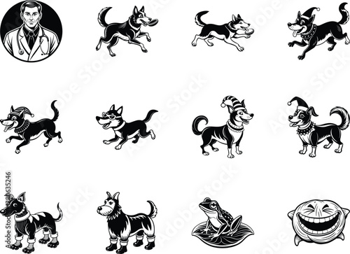 A Collection of Charming Dog Illustrations Featuring Festive Attire and Activities, Alongside a Jolly Frog and a Giggling Face