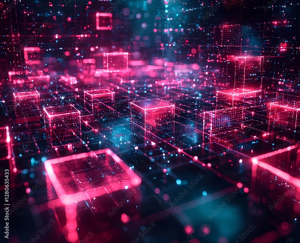 A digital cityscape featuring glowing cubes arranged in a cyberpunk style A digital cityscape featuring glowing cubes arranged in a cyberpunk style