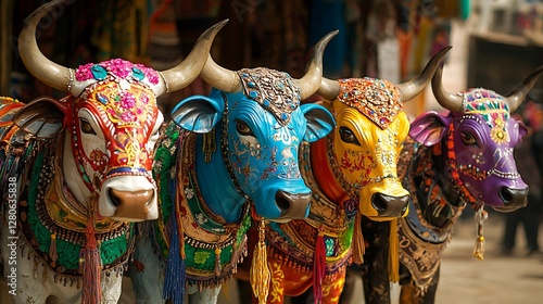 Decorated cows, market stall, India, festival