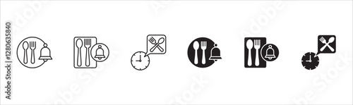 Lunch time icon set. Time break for lunch icon collection. Icon set contain symbol of  eat schedule, rest hours, lunchtime, eat, cafe, watch, addict, hourglass, routine. Vector stock illustration.
