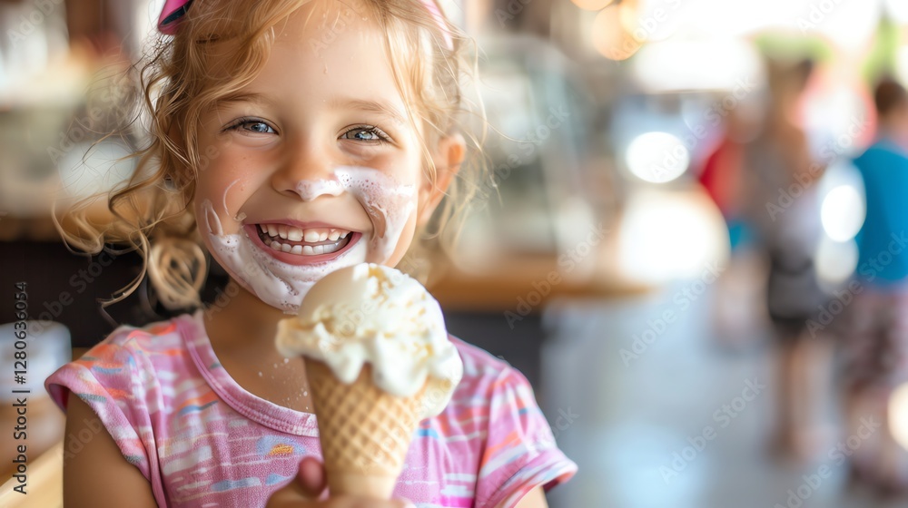 A little girl with curly blonde hair smiles with a big ice cream cone in her hand, getting a bit messy. A little girl with curly blonde hair smiles with a big ice cream cone in her hand, getting a bit messy.