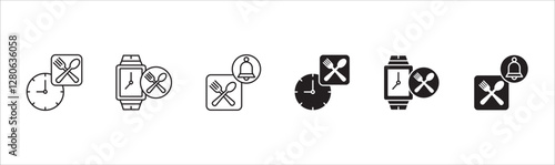 Lunch time icon set. Time break for lunch icon collection. Icon set contain symbol of  eat schedule, rest hours, lunchtime, eat, cafe, watch, addict, hourglass, routine. Vector stock illustration.