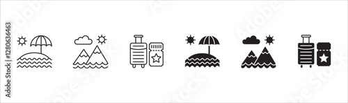 Office day off icon set. Holiday and vacation icon collection. Icon set contain symbol of  work, business, travel, job, beach, mountain, summer, umbrella, suitcase. Vector stock illustration.
