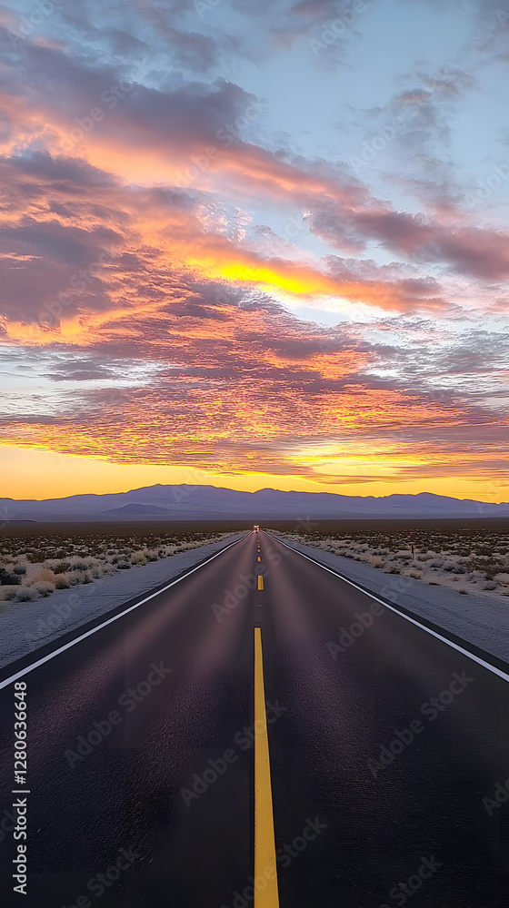 Fototapeta premium Desert Highway Leading into a Vibrant Sunset - Minimalist Landscape 