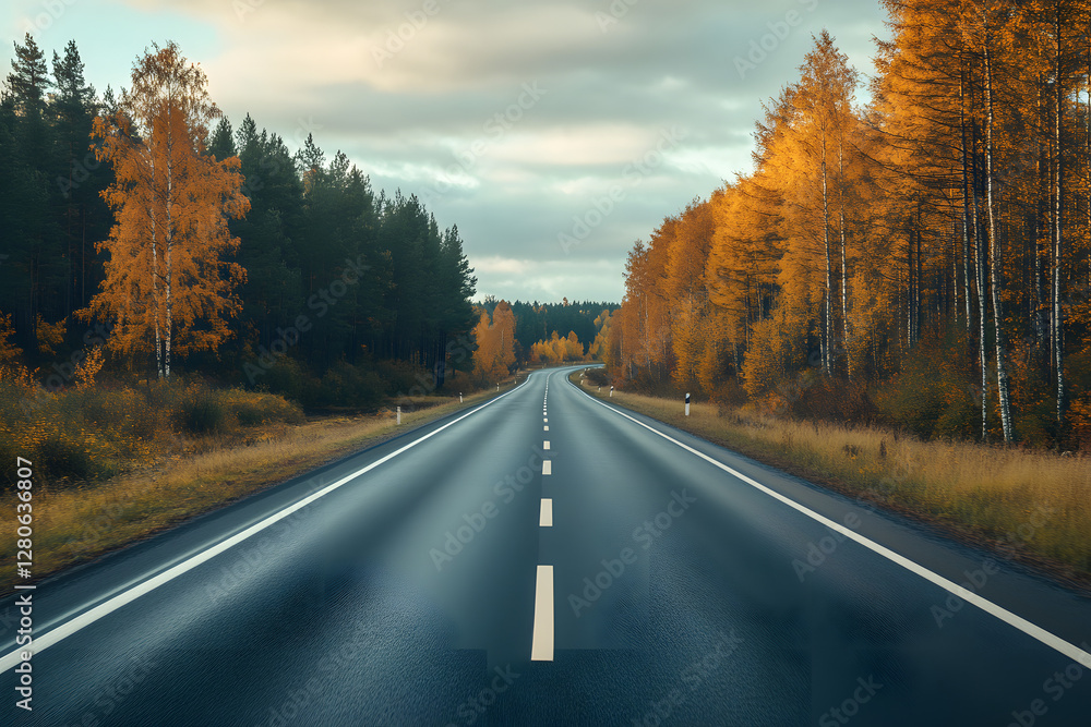 Scenic Autumn Road Through Golden Forest - Peaceful Journey  