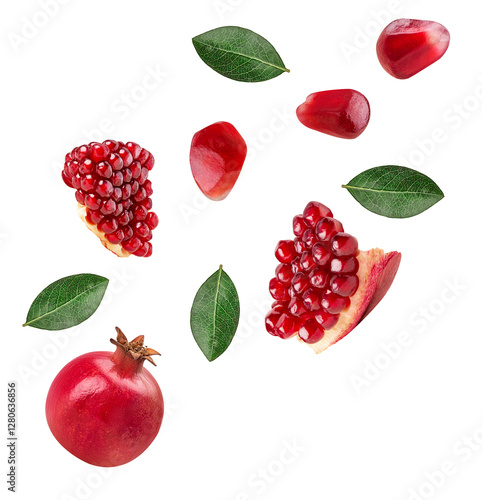 Ripe pomegranate fruit fly green leaf