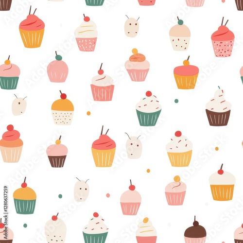 Minimal cakes, seamless illustrations. A whimsical pattern featuring colorful cupcakes in various styles, perfect for a sweet-themed design or celebration.