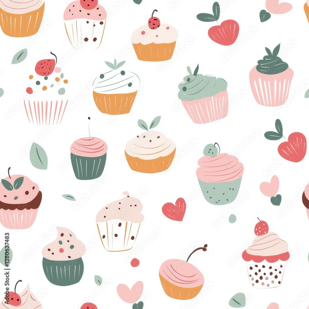 Minimal cakes, seamless illustrations. A whimsical pattern featuring colorful cupcakes and playful hearts on a white background, perfect for dessert lovers and themed decor. Minimal cakes, seamless illustrations. A whimsical pattern featuring colorful cupcakes and playful hearts on a white background, perfect for dessert lovers and themed decor.