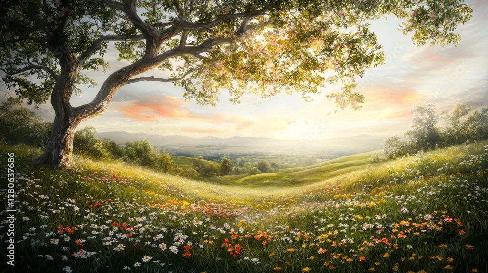Obraz premium Serene Landscape with Majestic Tree Overlooking Fields of Colorful Wildflowers and Rolling Hills at Sunrise