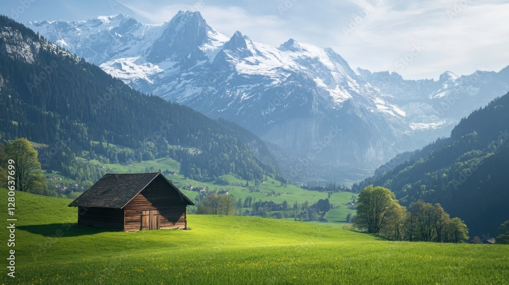 A stunning Swiss countryside scene, with a quiet wooden barn amid green pastures and alpine peaks. A stunning Swiss countryside scene, with a quiet wooden barn amid green pastures and alpine peaks.