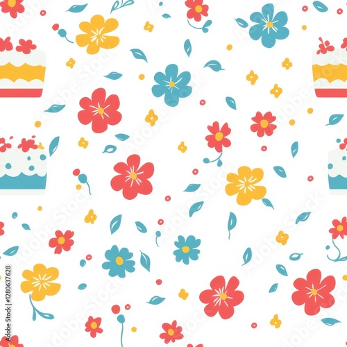 Wallpaper Mural A vibrant pattern featuring colorful flowers and cakes on a white background, perfect for festive designs or party themes. Torontodigital.ca