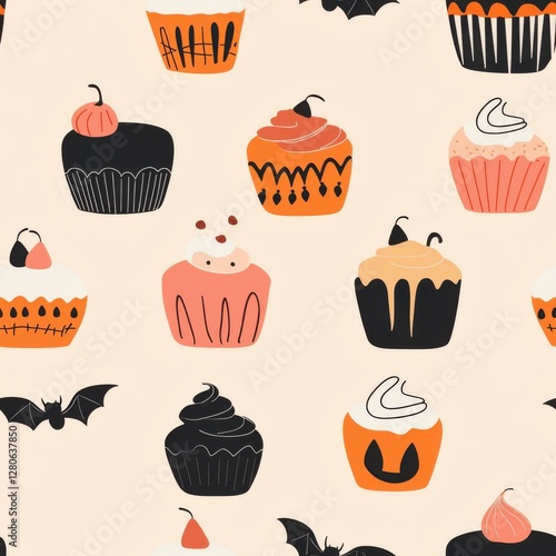 Minimal cakes, seamless illustrations. A playful pattern featuring colorful cupcakes and Halloween-themed elements like bats, creating a festive and whimsical atmosphere.