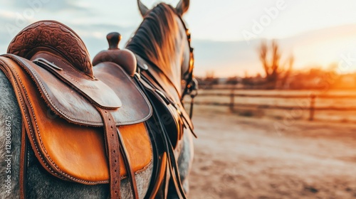 Horseback riding adventure at sunset outdoor landscape captivating nature scene rustic environment close-up view equestrian lifestyle photo