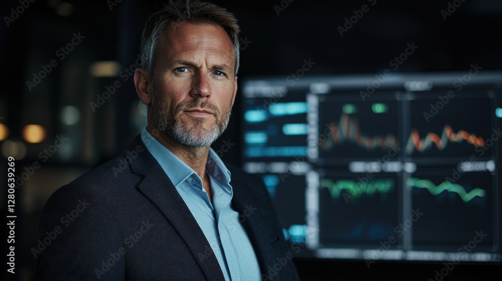 Professional man stands confidently in a sleek office, analyzing financial charts on large screens illuminated by soft lighting, showcasing an evening atmosphere of productivity Professional man stands confidently in a sleek office, analyzing financial charts on large screens illuminated by soft lighting, showcasing an evening atmosphere of productivity