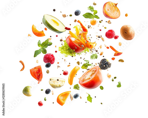 Wallpaper Mural Fresh vegetables and fruits falling in vibrant explosion, showcasing variety of colors and textures, creating lively and healthy atmosphere Torontodigital.ca