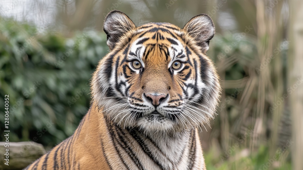 Obraz premium Majestic tiger in natural habitat close-up photography wildlife lush greenery portrait view animal conservation awareness