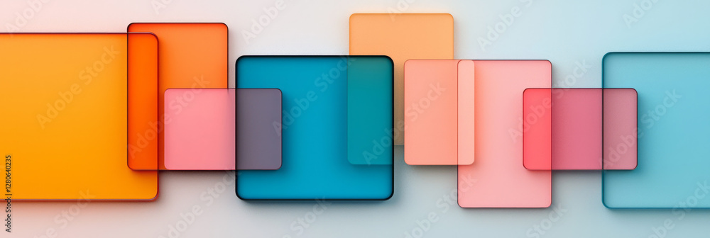 Angular pieces of vibrant glass in coral and teal, interlocked with slim black frames that add Angular pieces of vibrant glass in coral and teal, interlocked with slim black frames that add