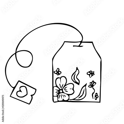 Tea bag herbal with leaves and flowers tea infusion paper filter hand drawn doodle drawing. Teabag natural aroma with label, packaging. Sketch tea time collection.