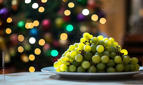 Green grapes on plate, Christmas tree lights in background, indoor scene, food photography, still life photo