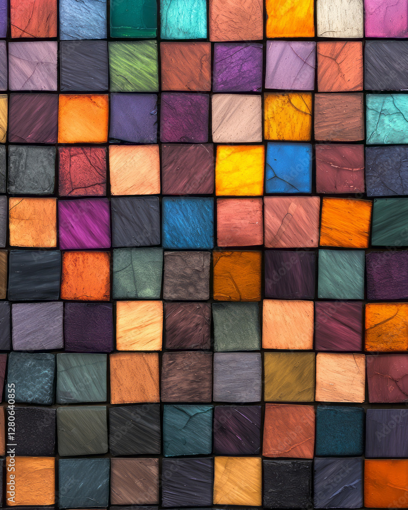 Stylized mosaic of color-shifting glass tiles, each tile featuring a subtle black border, Stylized mosaic of color-shifting glass tiles, each tile featuring a subtle black border,