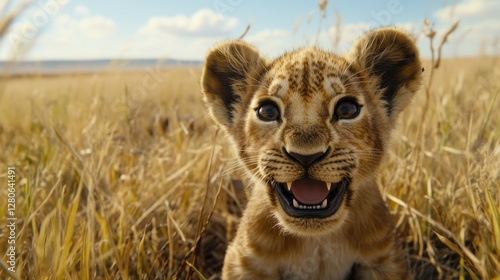 Joyful lion cub playing in golden grasslands serengeti national park wildlife photography natural environment close-up view animal behavior