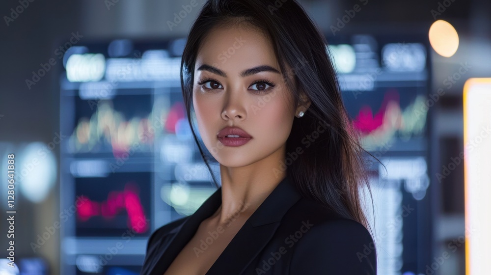 A business professional stands confidently in a sleek office, analyzing financial data displayed on screens. The atmosphere is dynamic and modern, emphasizing focus and expertise A business professional stands confidently in a sleek office, analyzing financial data displayed on screens. The atmosphere is dynamic and modern, emphasizing focus and expertise