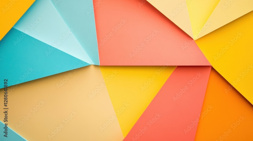 Fototapeta premium Vibrant abstract composition with colorful paper triangles in turquoise, yellow, coral, and orange tones.