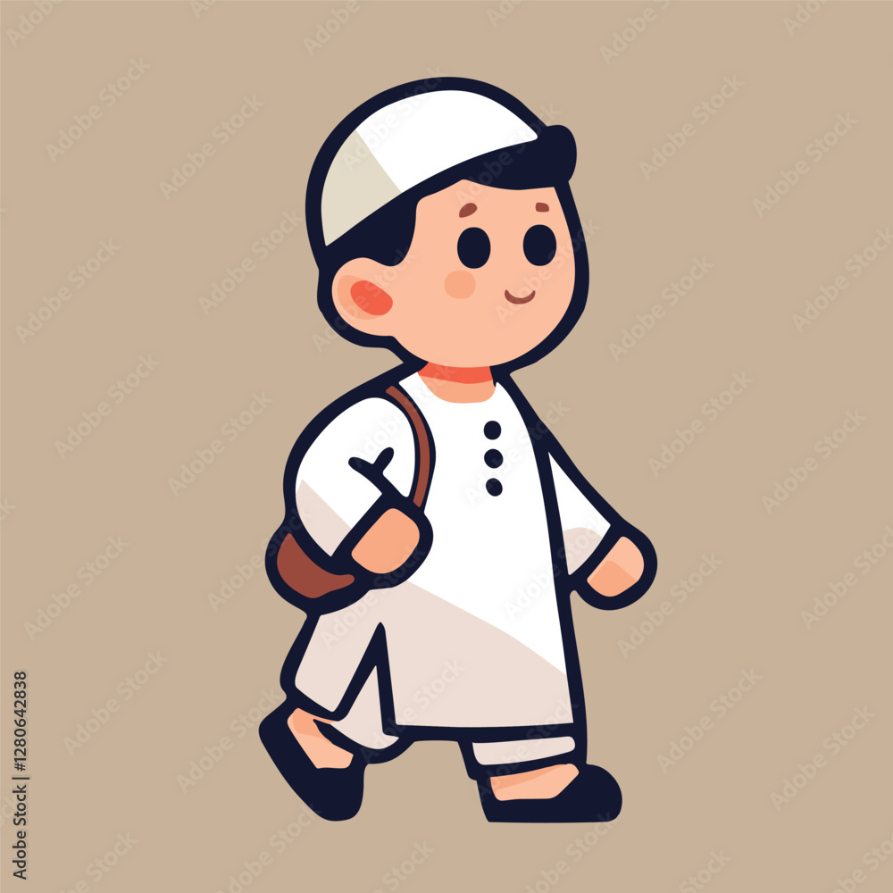 Cheerful Cartoon Muslim Boy Walking with Bag in Traditional Outfit Illustration Cheerful Cartoon Muslim Boy Walking with Bag in Traditional Outfit Illustration