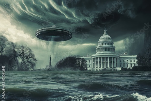 UFO hovers above the Capitol building amid ominous stormy skies and high water