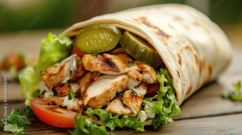 Delicious grilled chicken wrap with fresh vegetables and pickles, showcasing vibrant colors and enticing textures. Delicious grilled chicken wrap with fresh vegetables and pickles, showcasing vibrant colors and enticing textures.