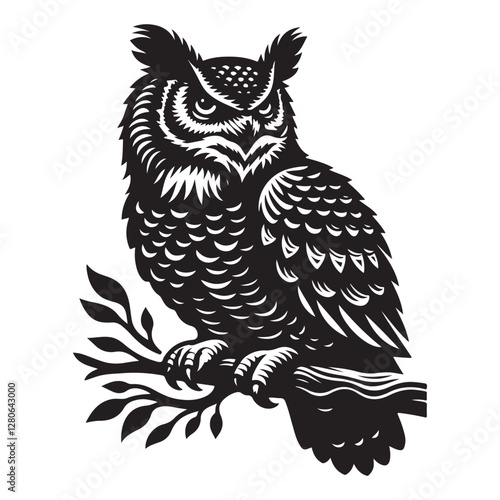 Great Horned Owl Bird Silhouette Vector Illustration, Solid White Background.