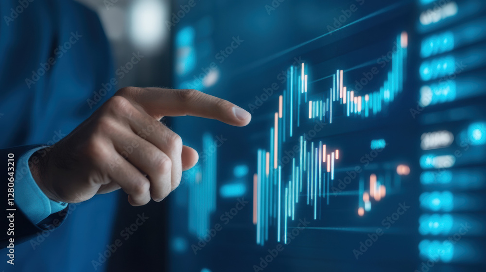 hand pointing at digital financial chart with glowing data bars hand pointing at digital financial chart with glowing data bars