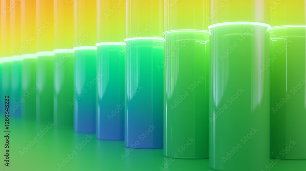 Fototapeta premium Cylinders with gradient fades from bright lime to deep jade, stacked in neat rows, illuminated by