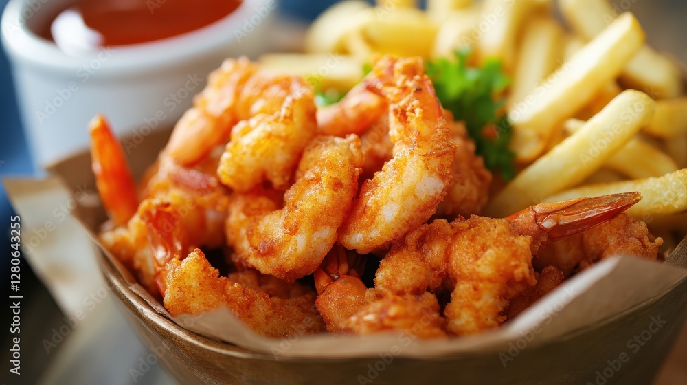 A delicious bowl of golden fried shrimp served with crispy fries and a side of tangy sauce. A delicious bowl of golden fried shrimp served with crispy fries and a side of tangy sauce.