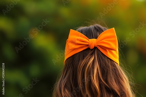 Orange bow in hair against blurred green backdrop