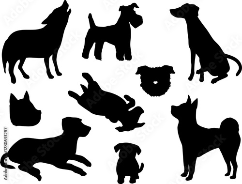 犬いろいろセット　モノクロシルエットイラスト