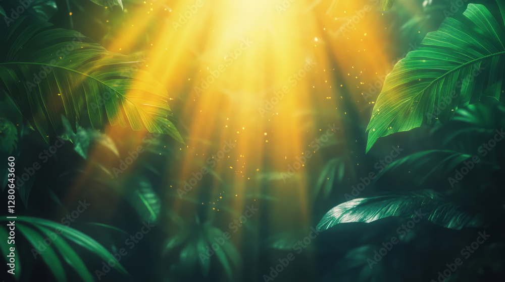 Obraz premium Dense tropical foliage under a bright golden haze, overlaid with faint polygonal light beams
