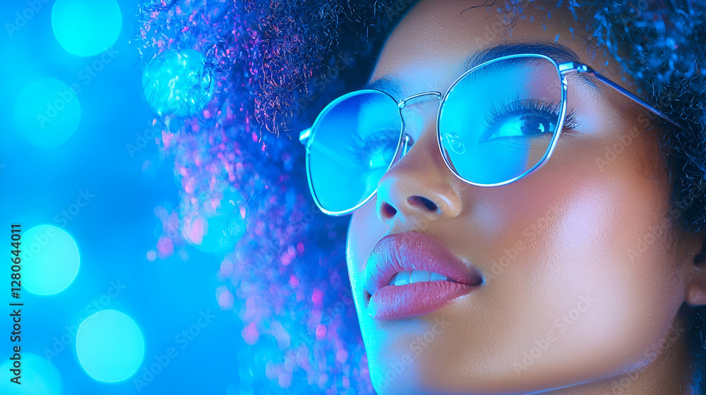 Woman, blue light, afro, sunglasses, bokeh background, fashion portrait