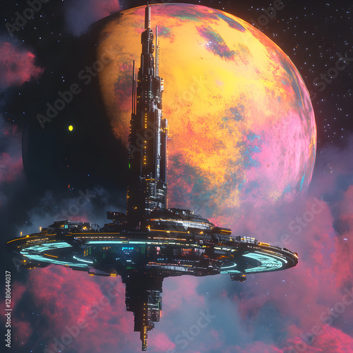 Fototapeta Naklejka Na Ścianę i Meble -  Space Station Orbiting a Gas Giant: A futuristic space station with a distinctive towering structure, suspended in a swirling field of nebulae.