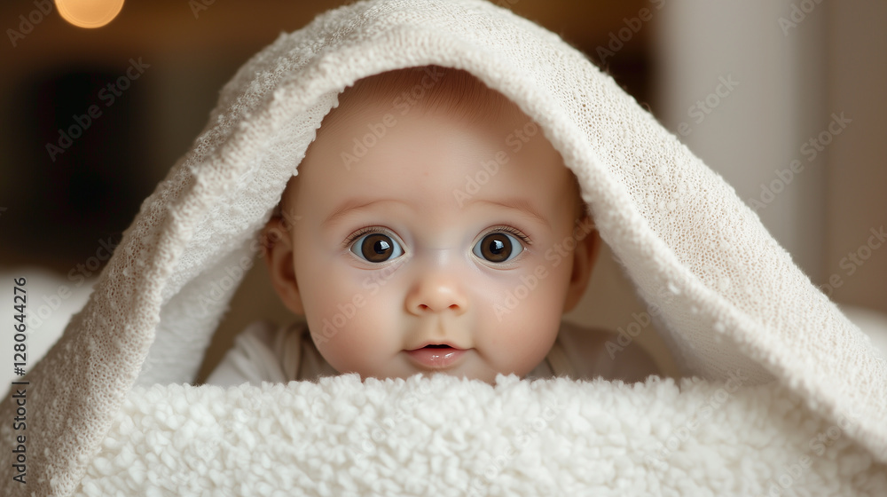 Adorable baby peeking out from under a soft blanket Adorable baby peeking out from under a soft blanket