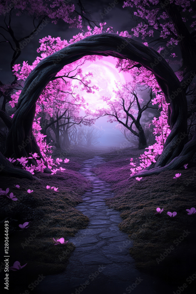 Fototapeta premium Moonlit scene of wild, glowing blossoms wrapped around a modern, minimal arch, casting faint
