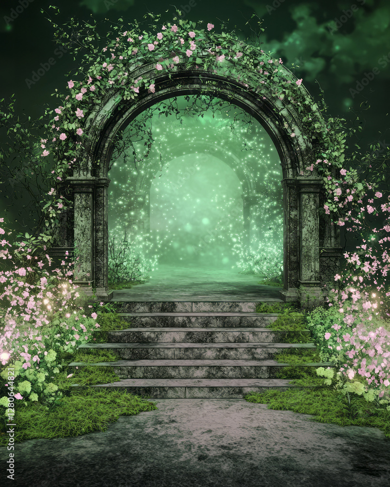 Obraz premium Stone arch shimmering in soft, magical light, while gently lit flowers radiate gentle glows around