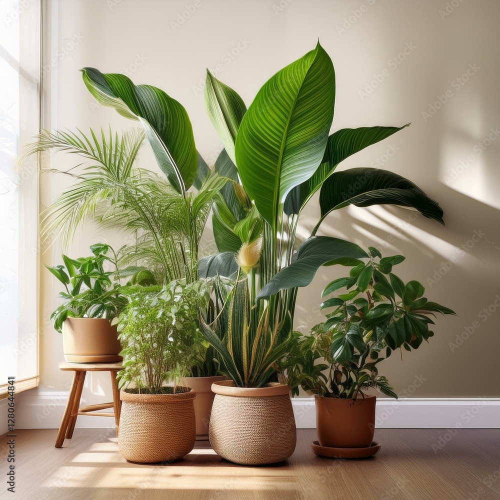 Obraz premium various indoor house plants beside a window with back lighting