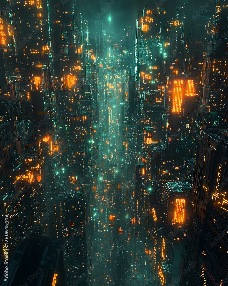Fototapeta premium A digital cityscape featuring glowing cubes arranged in a cyberpunk style