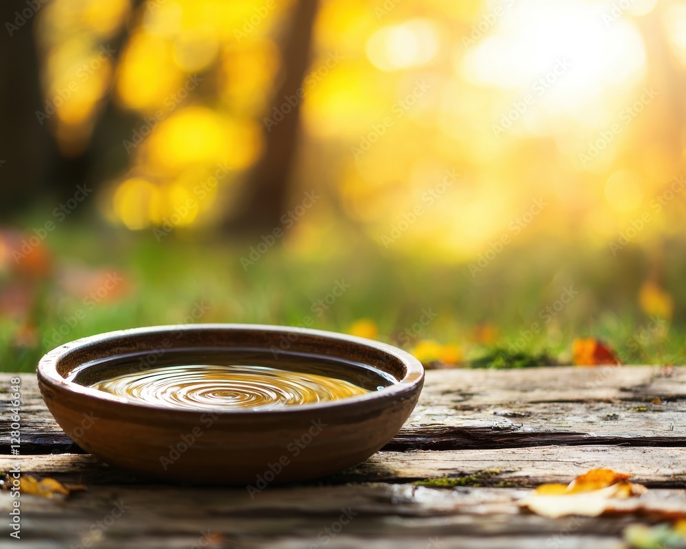 Rippling water in a wooden bowl autumn forest clearing nature photography warm golden light close-up tranquility and reflection Rippling water in a wooden bowl autumn forest clearing nature photography warm golden light close-up tranquility and reflection