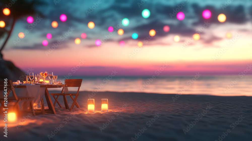 An intimate dinner setting on a sandy beach, illuminated by warm candlelight and distant colored An intimate dinner setting on a sandy beach, illuminated by warm candlelight and distant colored