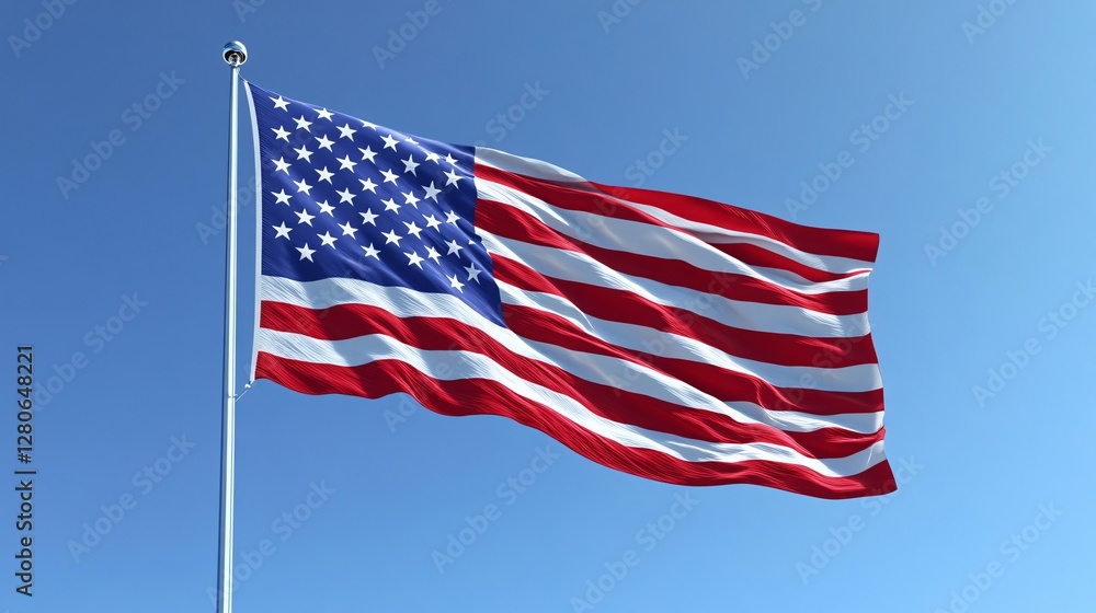 Obraz premium Vibrant American Flag Fluttering Against Clear Blue Sky