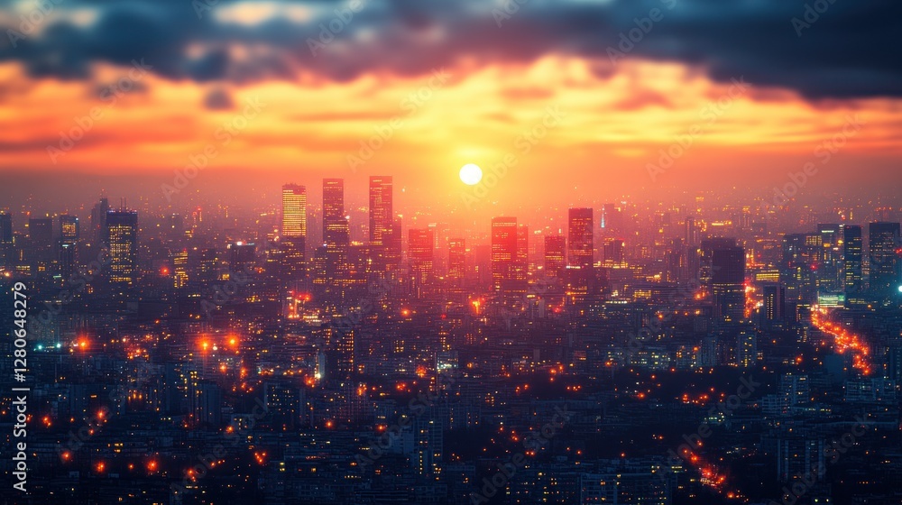 Fototapeta premium Vibrant sunset over a sprawling metropolis, city skyline glowing with warm light.