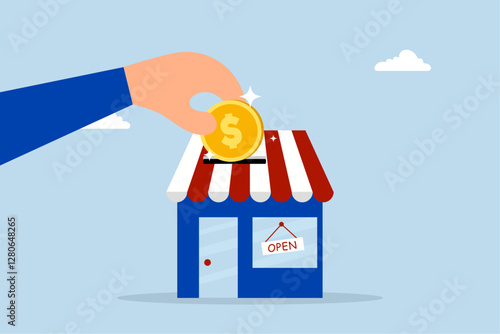 Funding small business, businessman provides financial support by inserting coins into a small business establishment. 